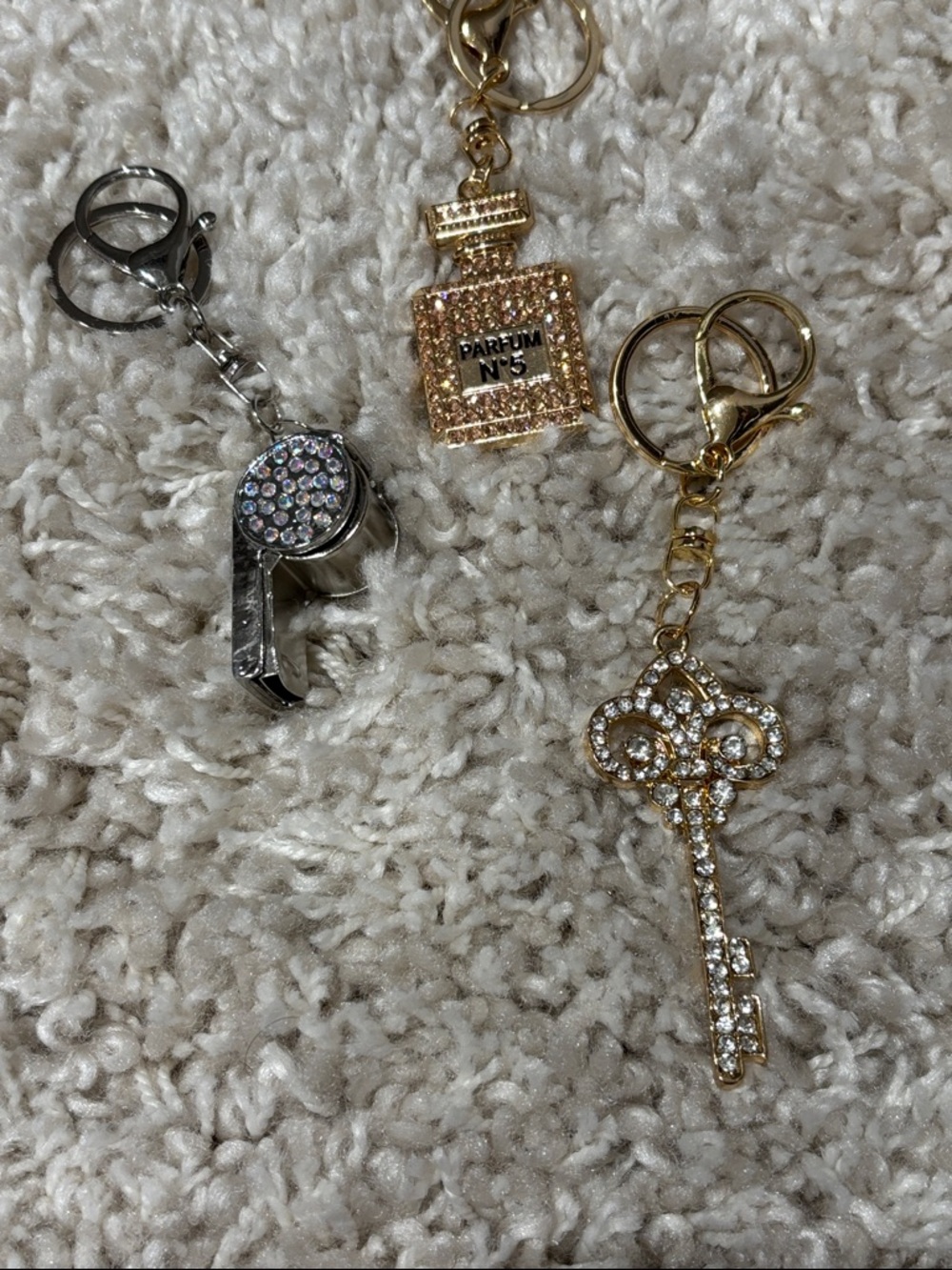 New Crystal Key & Perfume Bottle Keychain Trio - Gold & Silver Rhinestone Charms